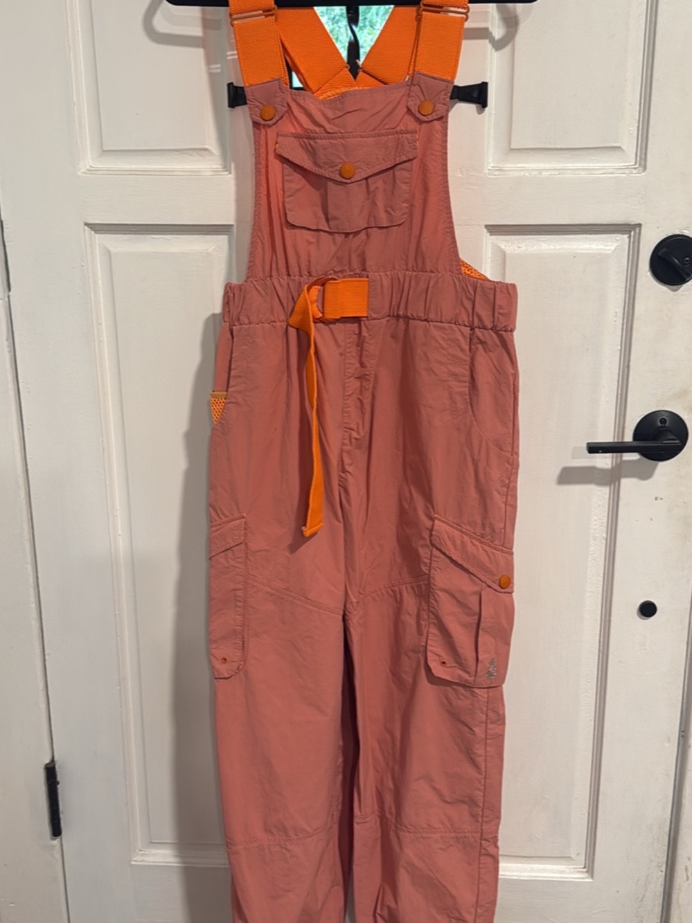 Free People Coral Pink Utility Jumpsuit with Orange Straps
